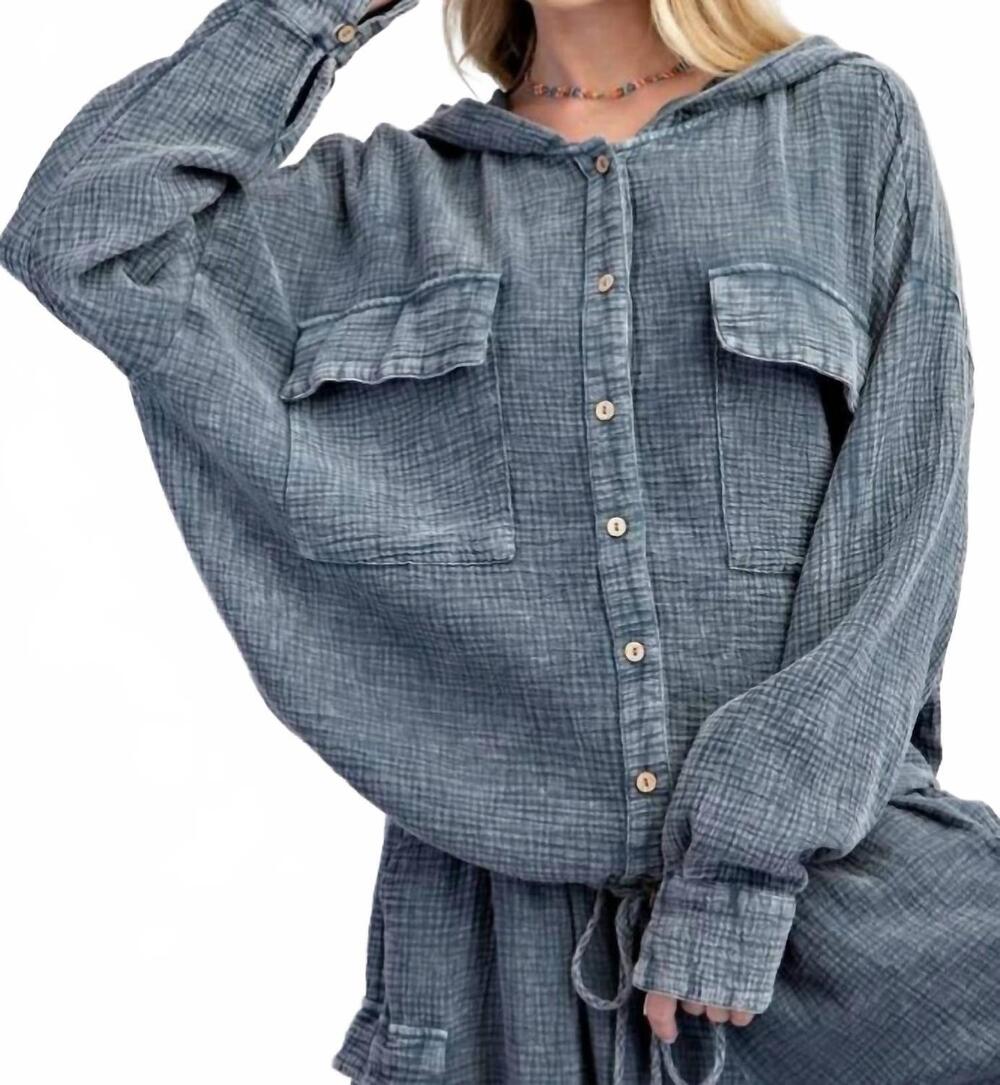 NEW EASEL button down cotton gauze hoodie in denim blue